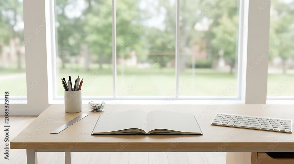 Fototapeta premium Desk setup with open book and art supplies near window with nature view