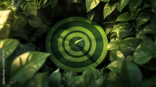Green bullseye target representing carbon neutrality, dart hitting the center