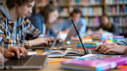 University Students Using AI Research in Library