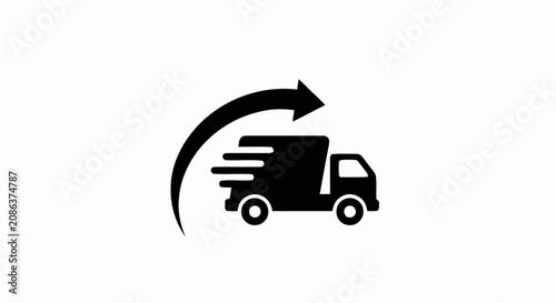 Fast delivery truck icon with motion lines and curved arrow representing quick shipping service.