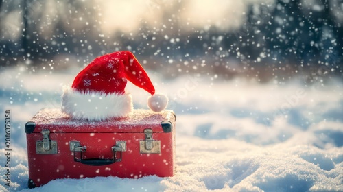 Red suitcase with a Santa hat in a snowy winter wonderland, perfect for Christmas travel promotions, holiday getaways, or winter vacation themes.