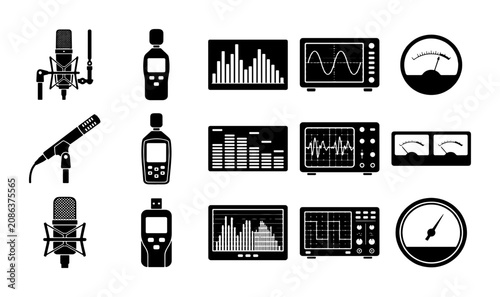 Cuadro en lienzo Professional audio equipment icons set, black studio microphone and sound level