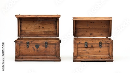 Two antique wooden chests, one closed and one open, on a white background. Perfect for showcasing treasures, historical artifacts, or adding a touch of vintage charm
