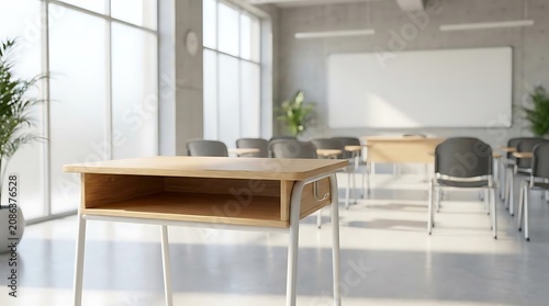 Empty classroom with desks and whiteboard natural light