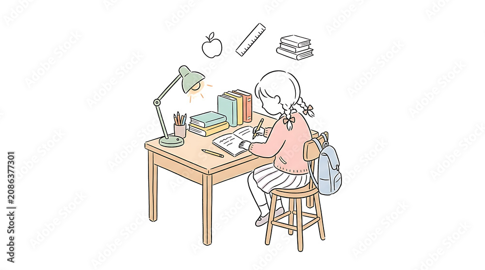 Fototapeta premium Girl studying at desk with books and lamp