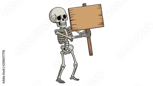 Cartoon skeleton character holding an empty wooden plank sign on a stick ready for text