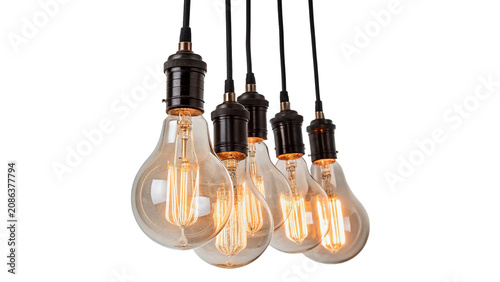 Obraz na plátně Group of vintage clear glass incandescent light bulbs hanging isolated on transp