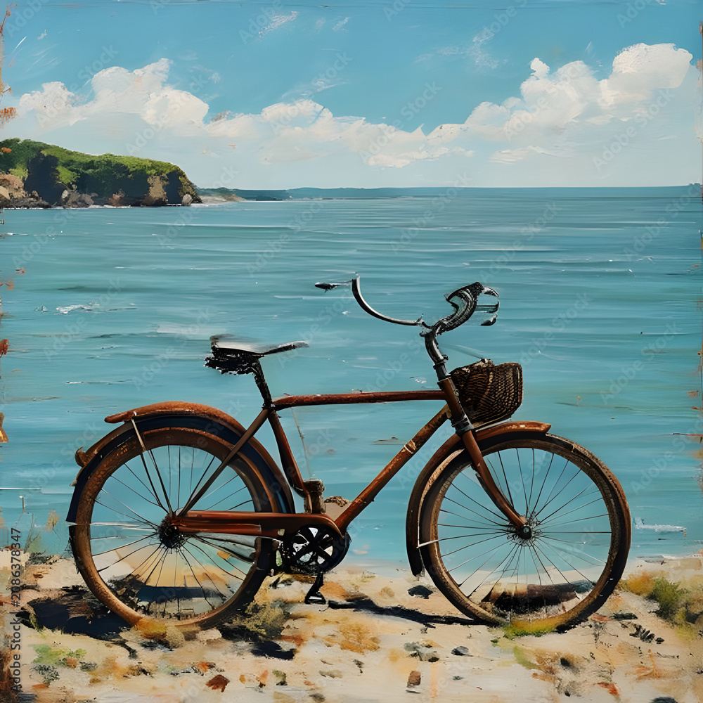 Fototapeta premium Red bicycle parked on sandy beach with ocean view.
