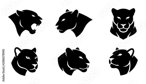 Canvas Print Black Panther Head Icons, Wild Cat Vector Graphics, Feline Silhouette Set, Power