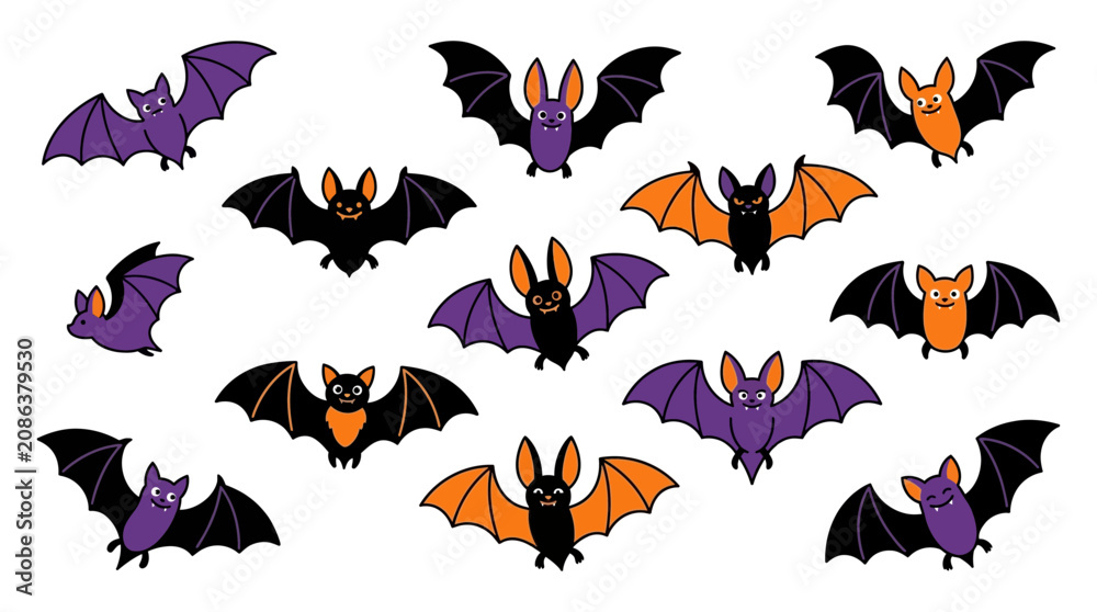 Obraz premium Collection of various cartoon bats in orange and purple for halloween celebration and spooky decor with halloween