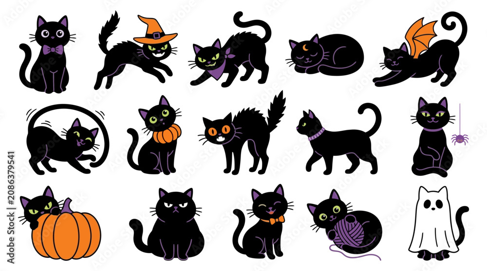 Obraz premium Halloween cat and pumpkin character icon set with halloween collection illustration creature mysterious festival