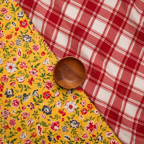 Empty Wooden Bowl on Floral and Plaid Fabric