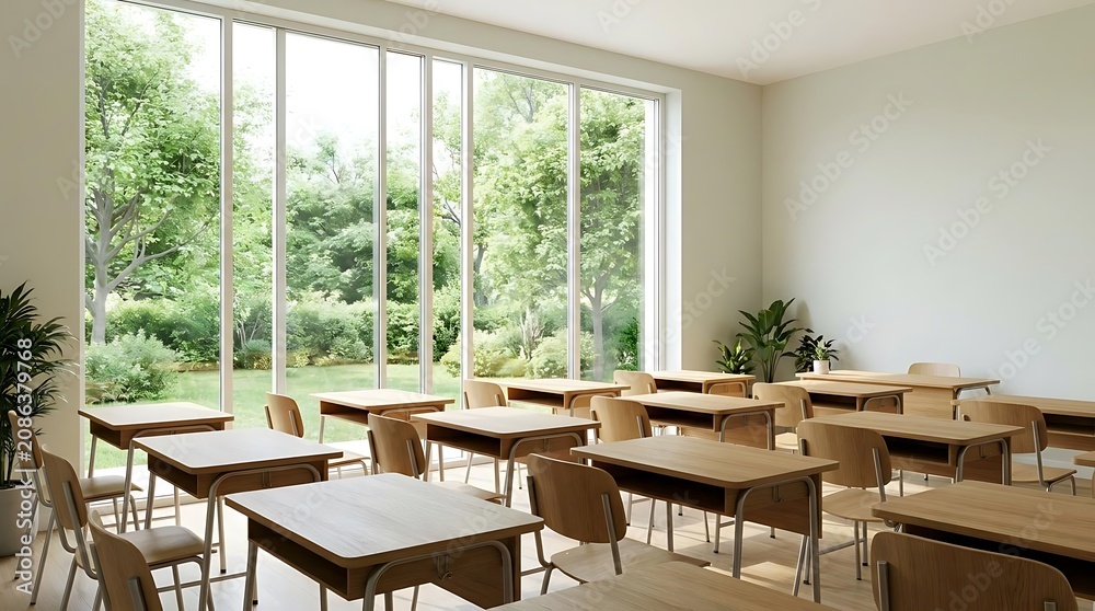 Fototapeta premium Empty classroom with natural light and greenery view