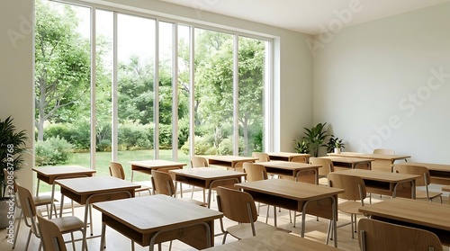 Empty classroom with natural light and greenery view