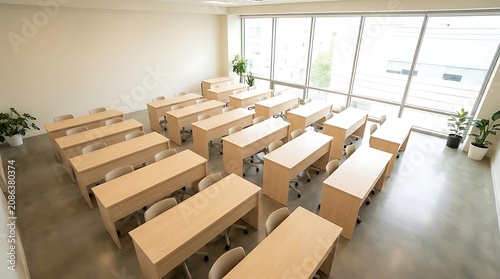 Empty classroom with rows of desks and natural light