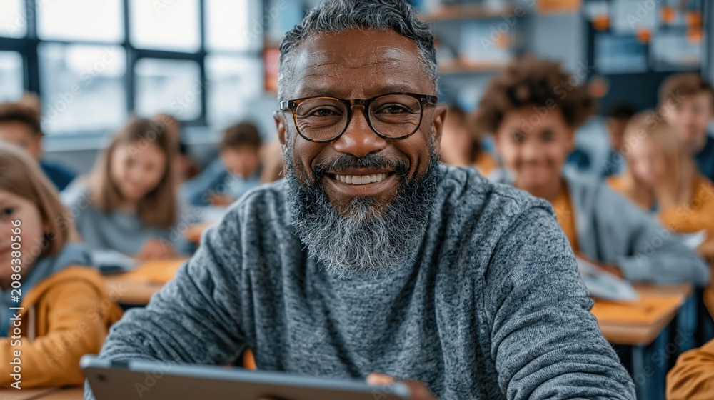 Fototapeta premium Teacher Using AI Learning Tools in Modern Classroom