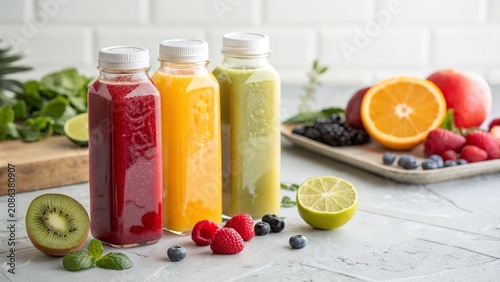 Fresh organic juice bottles surrounded by raw ingredients and fresh fruits, detox drink concept.