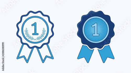 Two blue and white award ribbons with the number one on them are shown