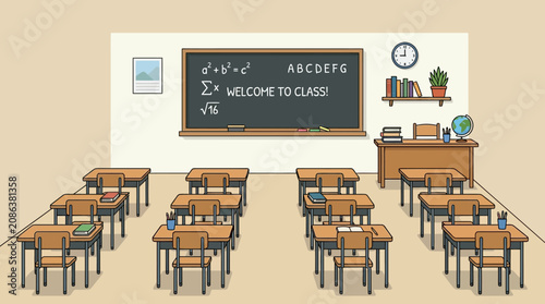 Classroom, school desks, educational setting, vector illustration, blackboard, teaching tools