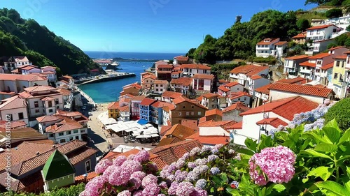 Scenic view of Cudillero coastal village with flowers in Asturias Spain