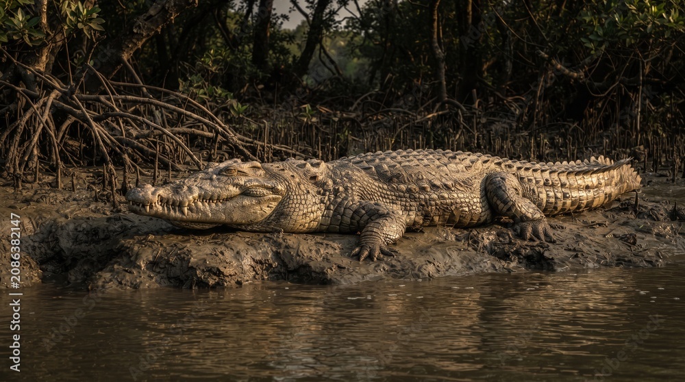Fototapeta premium Saltwater Crocodile Resting on Muddy Riverbank in the Sundarbans