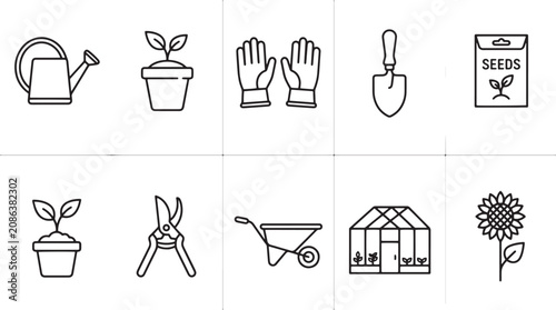 Fotografie Gardening line icons set, 10 vector garden tools and equipment symbols, minimali