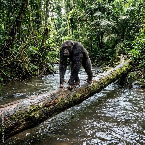 Elephant walking through shallow river in dense jungle.