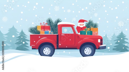 Vintage red truck carrying colorful gifts and pine branches on a snowy background. Santa claus driving car. Merry Christmas 2025