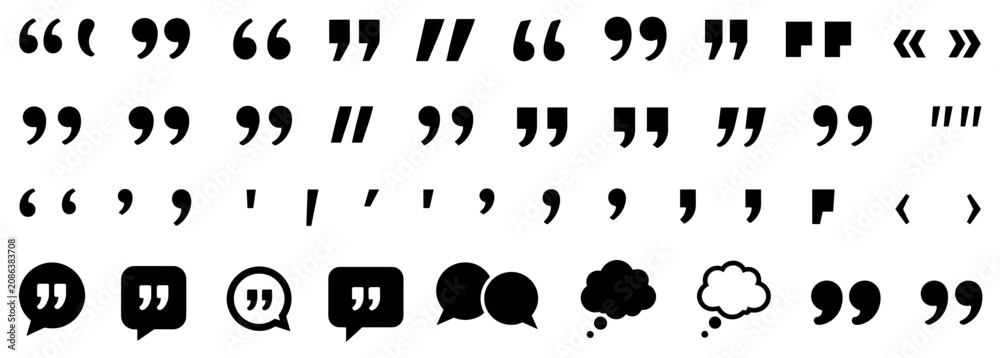 Fototapeta premium Collection of black quotation marks and punctuation symbols in various typographic styles, including different fonts, speech bubbles, and thought bubbles for communication concepts
