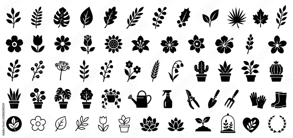 Fototapeta premium Black plant and gardening glyph icon set with various flowers, leaves, potted plants, and tools like watering cans and shears, isolated on a white background