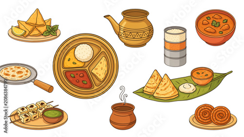 Set of delicious indian food icons in pixel art style featuring samosa snacks and traditional dishes