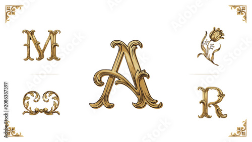 Vintage gold ornate letters m a r with floral flourishes and decorative corner elements