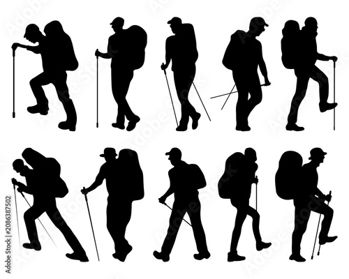 Canvastavla Set of black silhouettes of hikers and trekkers walking