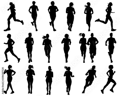 Collection black silhouettes  of runner in various running poses 