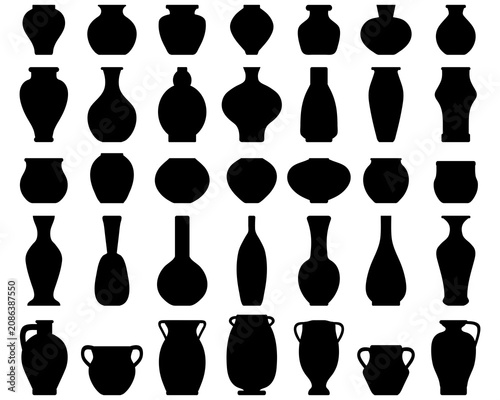 Black silhouettes of vases and pottery  different shapes and sizes