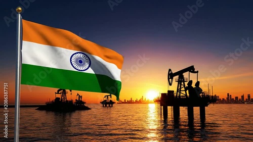 Indian flag waving over offshore oil rig platform at sunset, energy industry concept petroleum