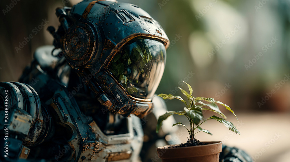 Fototapeta premium A weary explorer in a metallic spacesuit holding a small potted plant in an outdoor setting