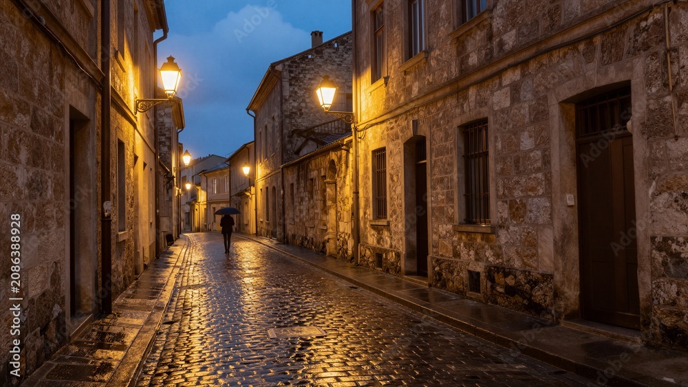 Fototapeta premium A solitary figure walks down a wet cobblestone street in a historic town at dusk, illuminated by warm street lamps.