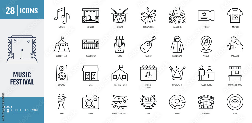 Fototapeta premium Music festival icon set. including microphone, ticket, speaker, headphones, camera, music note and more. outline icon set. vector illustration with editable stroke A