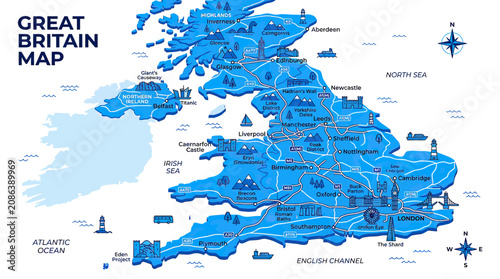 Obraz na płótnie Great Britain Map with Cities, Landmarks, and Waterways - Blue Illustration