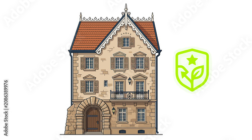 Quadro su tela Historic Stone Building with Eco-Friendly Badge