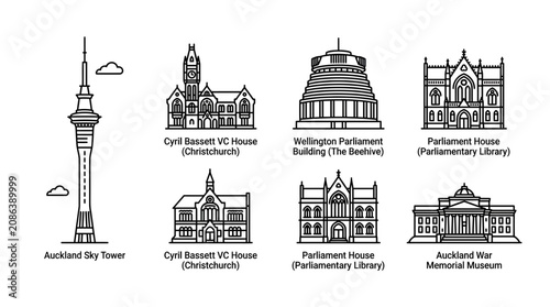 New Zealand Landmarks Line Art: Sky Tower, Parliament Buildings, War Memorial
