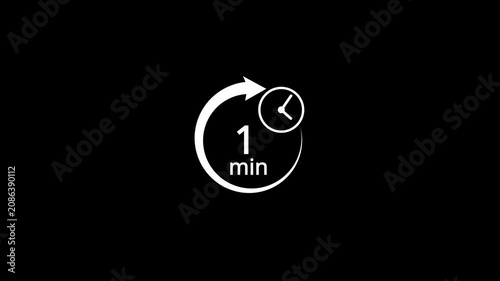 1 Minutes Clock Animation with Circular Arrow Loop and Black Background for Time Management and Deadlines.Animation video timer icon with five min. timer 1 minutes countdown ..