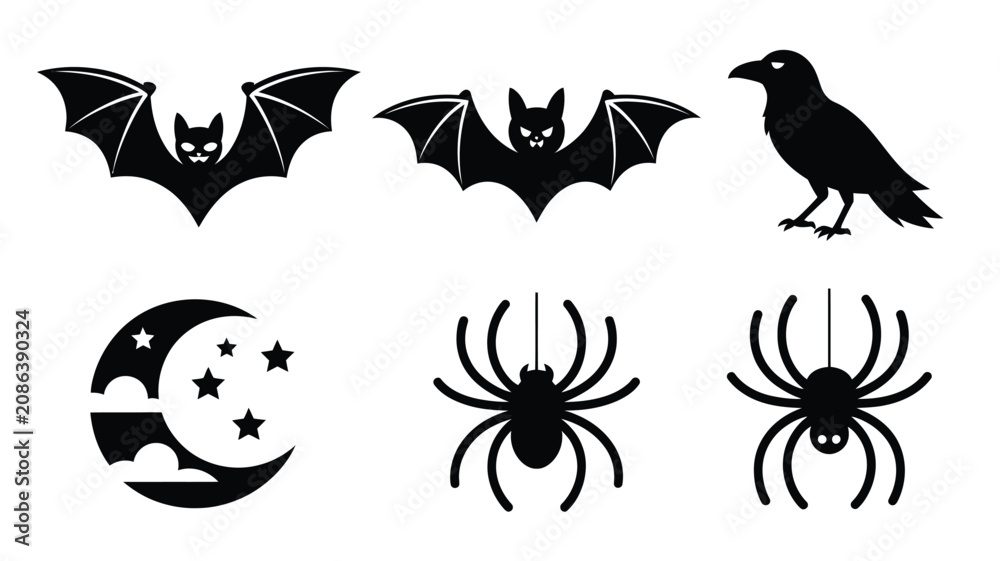 Fototapeta premium Collection of eerie Halloween night creature and celestial symbols in black silhouettes