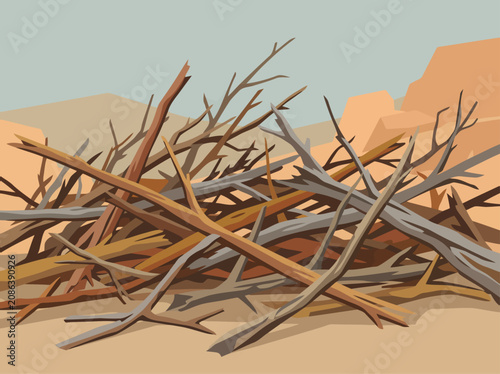 Canvastavla A stark, textured pile of dry branches dominates a desolate desert landscape