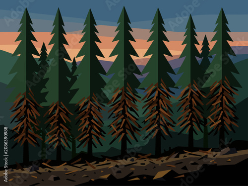 Fotografía A stylized illustration depicts a coniferous forest at sunset, showcasing fuel stratification and wildfire effects