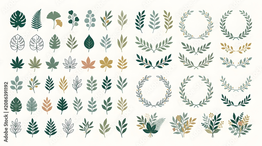 Fototapeta premium Set of Elegant Hand Drawn Botanical Leaf Elements and Decorative Floral Wreaths for Wedding Design and Nature Graphics
