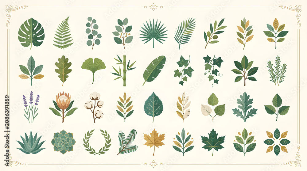 Fototapeta premium Hand-drawn botanical nature collection featuring various green leaves colorful garden flowers and decorative laurel wreaths for natural designs
