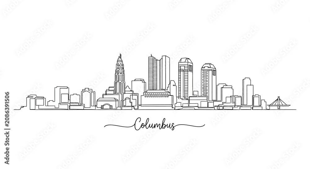 Fototapeta premium Columbus Skyline Panorama - Black and White Line Art Drawing
