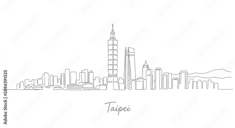 Obraz premium Modern Taipei Skyline Continuous Line Drawing, Artistic Cityscape Illustration